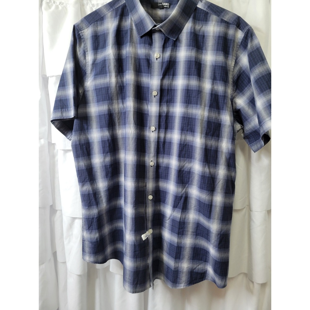 Murano Slim Fit Plaid Shirt Mens XL Blue White Short Sleeve Button Down Top 1820
